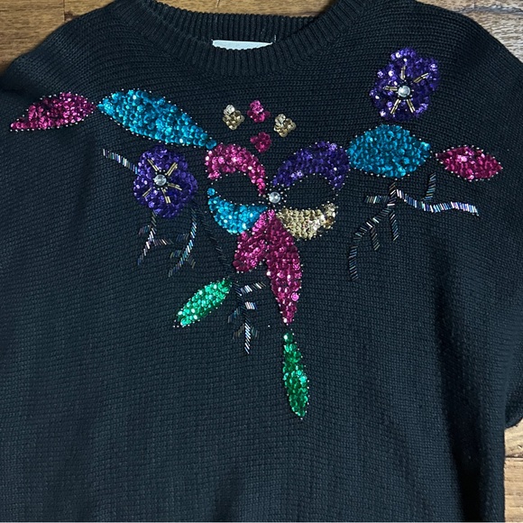 Marmie West • Vtg • 1980’s • Medium • Beaded/• Floral • Black • Sweater - Picture 5 of 10
